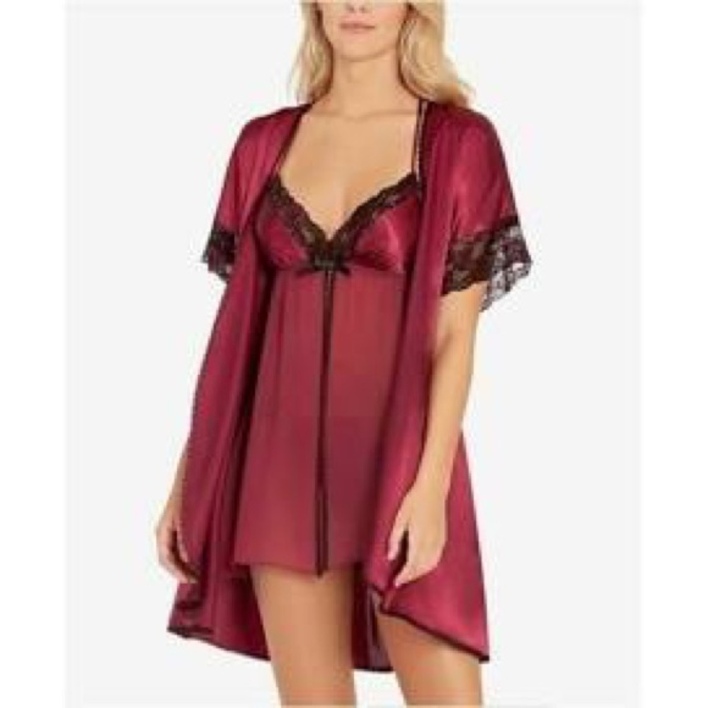M Linea Donatella women’s short sleeves lace trim shirt robe in Burgundy size M